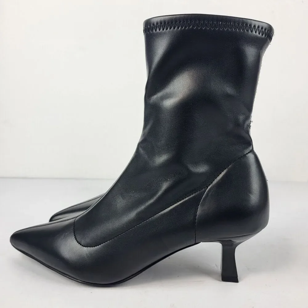 Abound Erinn Black Pointed Toe Ankle Sock Boots faux leather kitten heel Size 7M